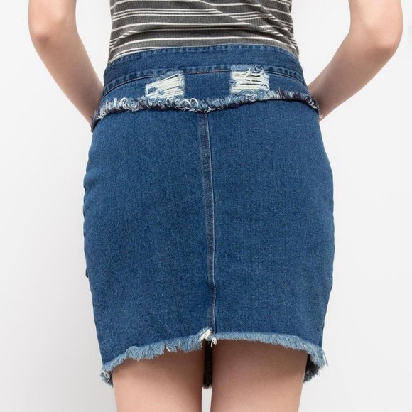 POL Y2K Distressed Blue Jean Front Pocket Large Button Zip Denim Mini Skirt - Picture 2 of 5